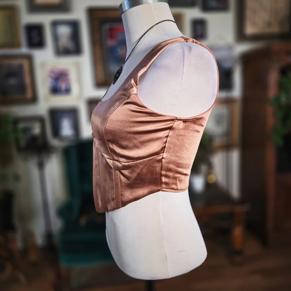 L.A. Hearts Womens Satin Corset Top Bronze Brown Square Neck‎ Crop Small